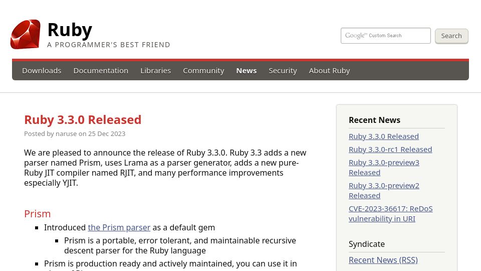 Screenshot of ruby-lang.org: Ruby 3.3