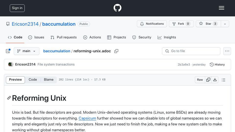 Screenshot of github.com: Reforming Unix