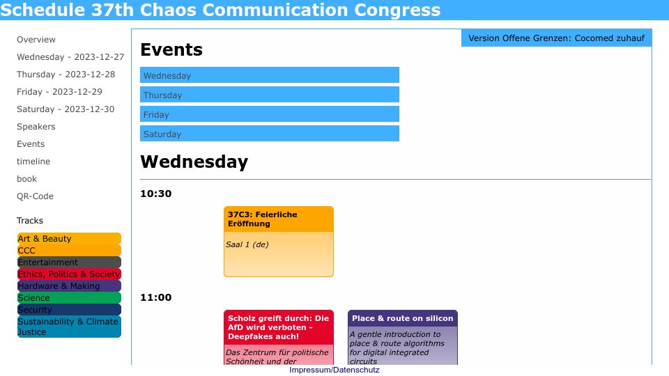 Screenshot of fahrplan.events.ccc.de: Schedule 37th Chaos Communication Congress