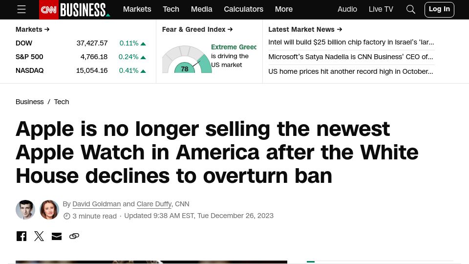 Screenshot of cnn.com: Apple is officially no longer selling the newest Apple Watch in America