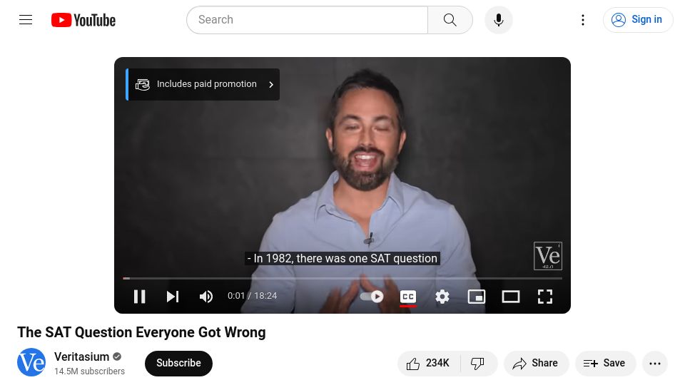 Screenshot of youtube.com: Veritasium: The SAT Question Everyone Got Wrong [video]