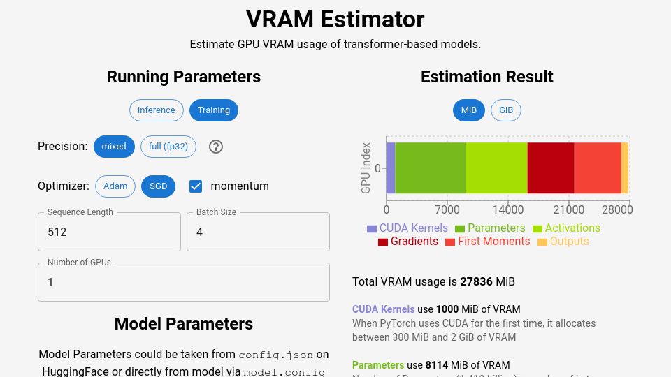 Screenshot of vram.asmirnov.xyz: Show HN: I made a GPU VRAM calculator for transformer-based models