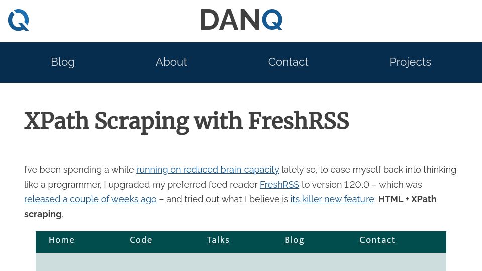 Screenshot of danq.me: XPath Scraping with FreshRSS