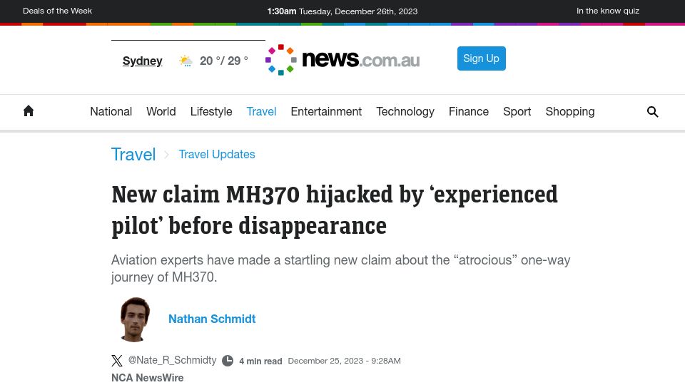 Screenshot of news.com.au: Mystery of missing MH370 could be solved in a matter of "days"
