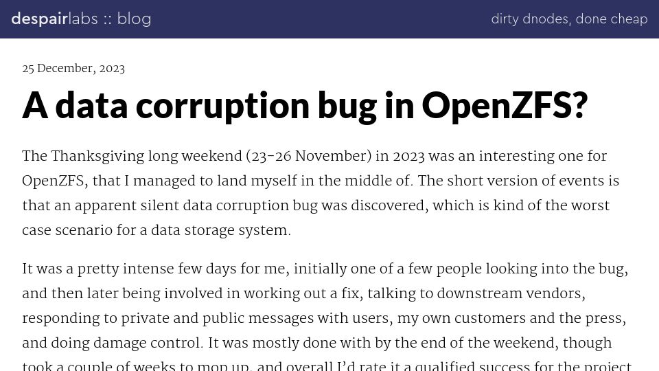 Screenshot of despairlabs.com: A data corruption bug in OpenZFS?