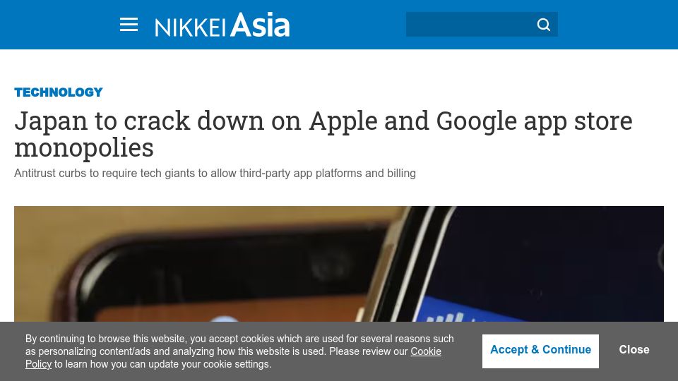 Screenshot of asia.nikkei.com: Japan to crack down on Apple and Google app store monopolies
