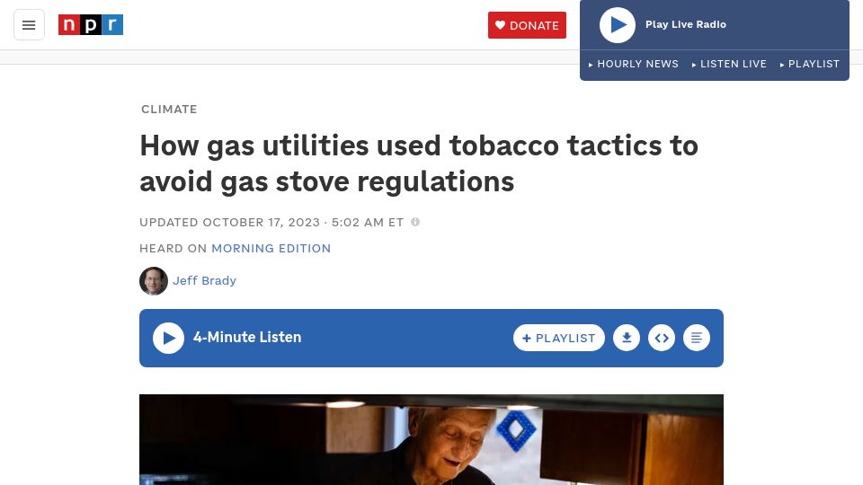 Screenshot of npr.org: Gas utilities used tobacco tactics to avoid gas stove regulations