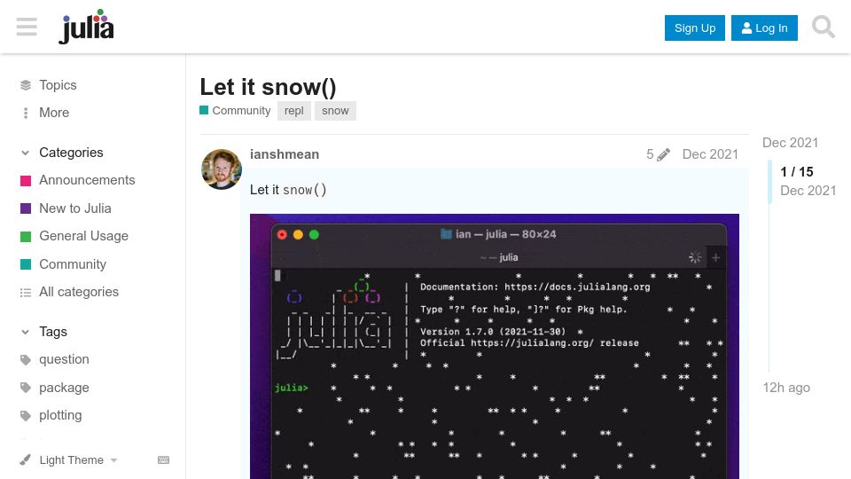 Screenshot of discourse.julialang.org: Let it snow()