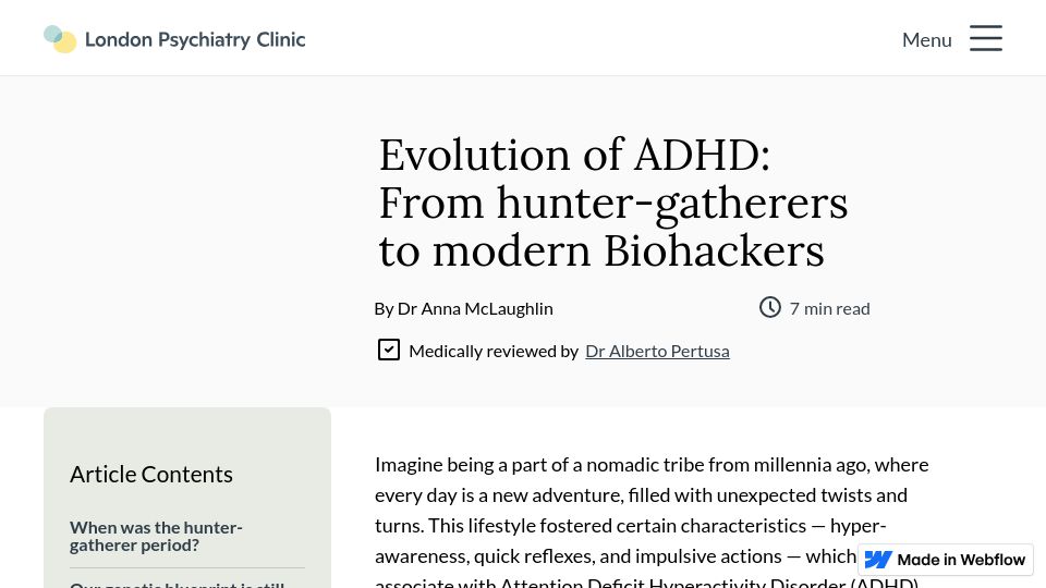 Screenshot of londonpsychiatry.clinic: The hunter-gather brain is closer to the ADHD brain