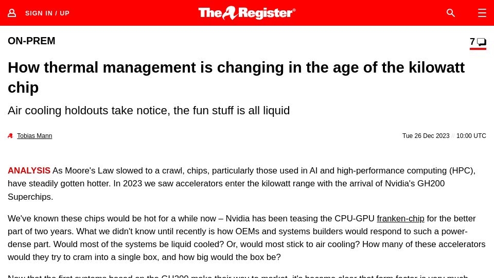 Screenshot of theregister.com: How thermal management is changing in the age of the kilowatt chip