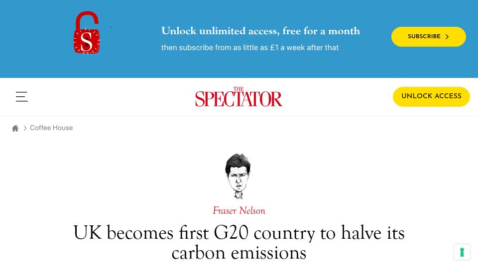 Screenshot of spectator.co.uk: UK becomes first G20 country to halve its carbon emissions