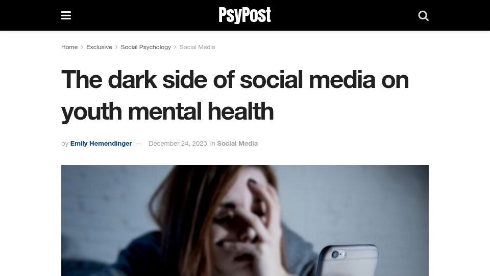 Screenshot of psypost.org: The dark side of social media on youth mental health