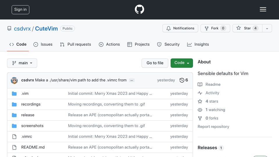 Screenshot of github.com: Show HN: CuteVim – Portable Vim with a cute vimrc