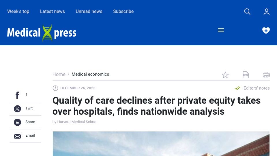 Screenshot of medicalxpress.com: Quality of care declines after private equity takes over hospitals