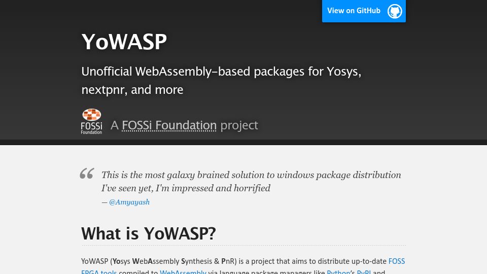 Screenshot of yowasp.org: YoWASP aims to distribute up-to-date FOSS FPGA tools compiled to WebAssembly