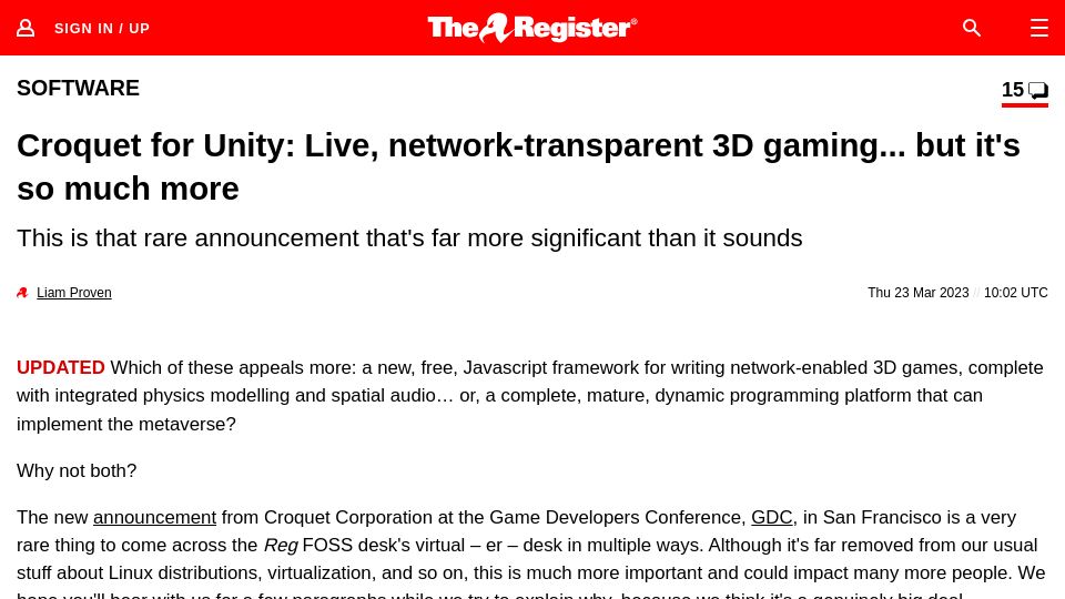 Screenshot of theregister.com: Croquet: Live, network-transparent 3D gaming