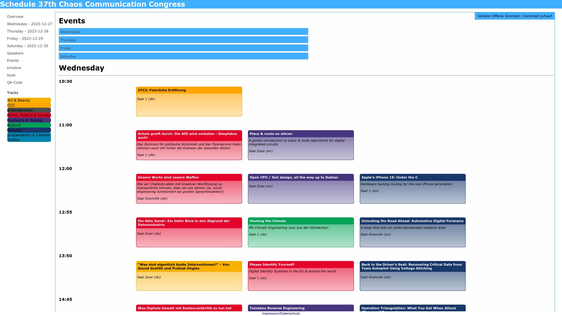 Screenshot of fahrplan.events.ccc.de: Schedule 37th Chaos Communication Congress