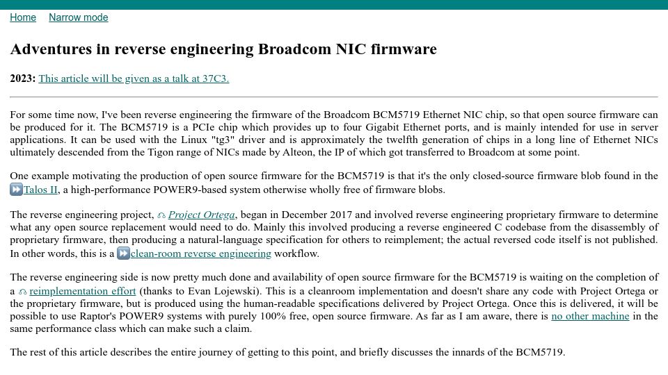 Screenshot of devever.net: Adventures in reverse engineering Broadcom NIC firmware