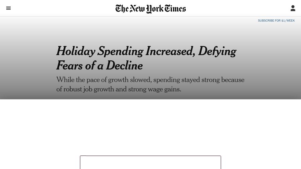 Screenshot of nytimes.com: Holiday Spending Increased, Defying Fears of a Decline