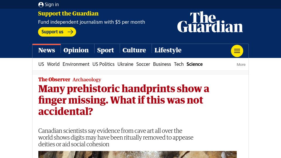 Screenshot of theguardian.com: Many prehistoric handprints show missing finger. What if this wasn't accidental?