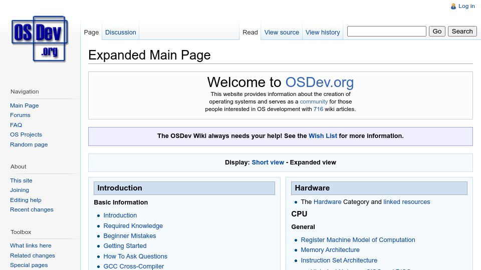 Screenshot of wiki.osdev.org: Osdev.org