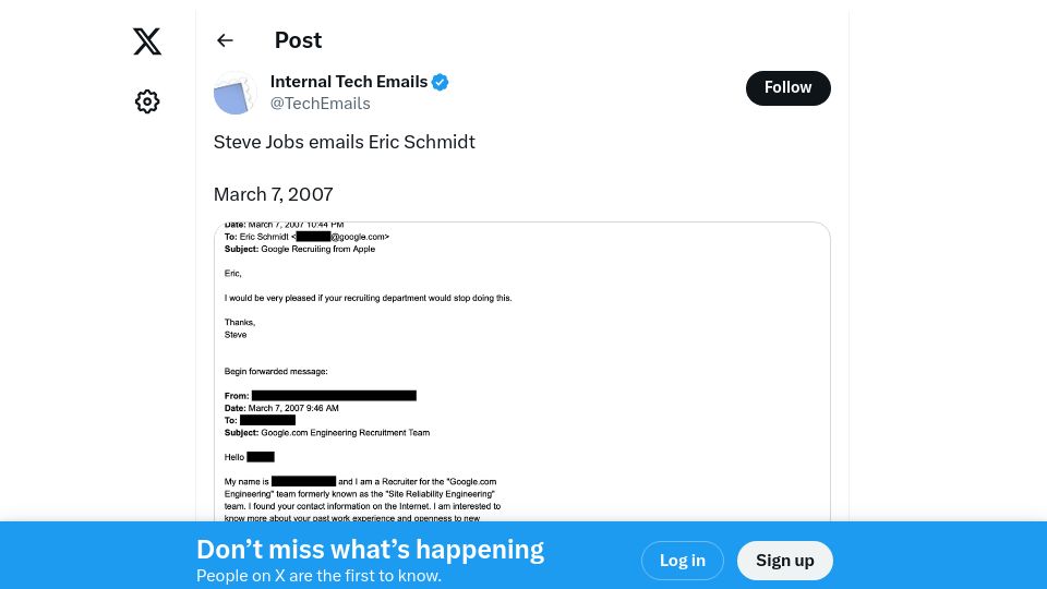 Screenshot of twitter.com: Steve Jobs emails Eric Schmidt (2007)