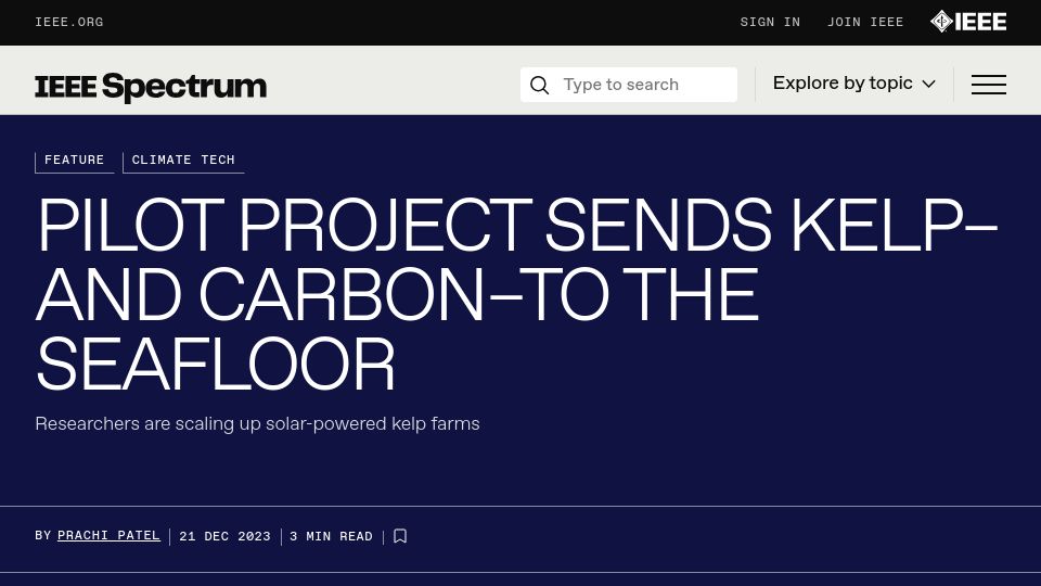 Screenshot of spectrum.ieee.org: Researchers are scaling up solar-powered kelp farms