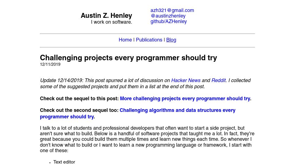 Screenshot of austinhenley.com: Challenging projects every programmer should try (2019)