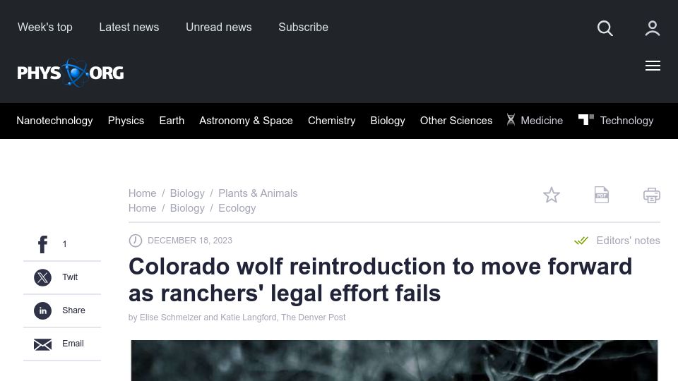 Screenshot of phys.org: Colorado wolf reintroduction to move forward