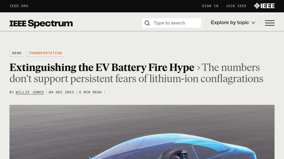 Screenshot of spectrum.ieee.org: Extinguishing the EV Battery Fire Hype