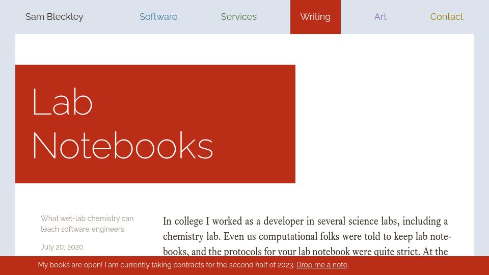 Screenshot of sambleckley.com: Lab Notebooks (2020)