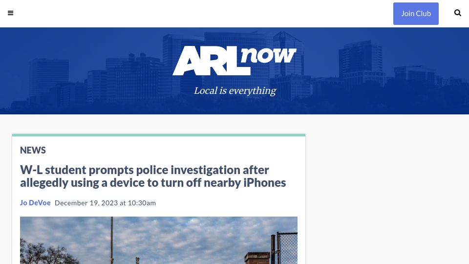 Screenshot of arlnow.com: High school student allegedly uses device to turn off nearby iPhones