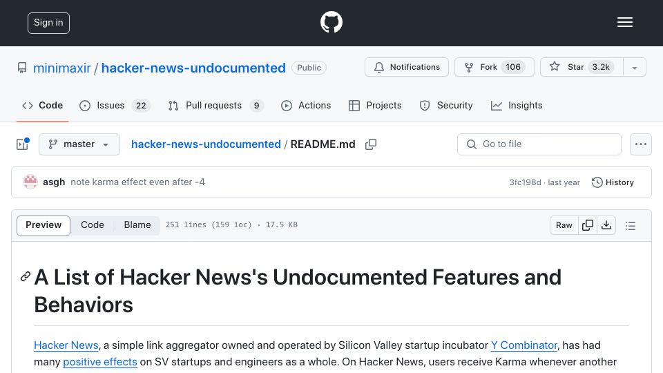 Screenshot of github.com: A list of Hacker News's undocumented features and behaviors