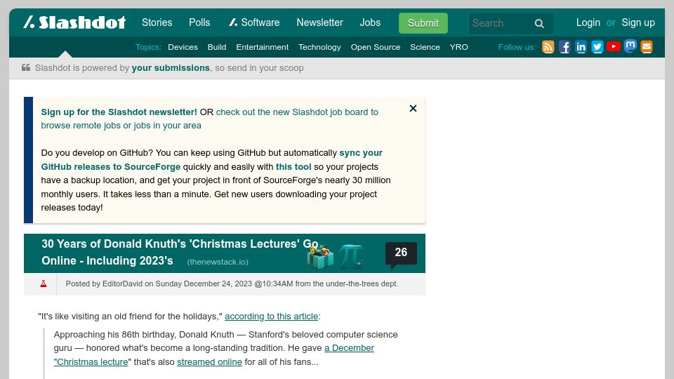 Screenshot of science.slashdot.org: 30 years of Donald Knuth's 'Christmas Lectures' are online – including 2023's