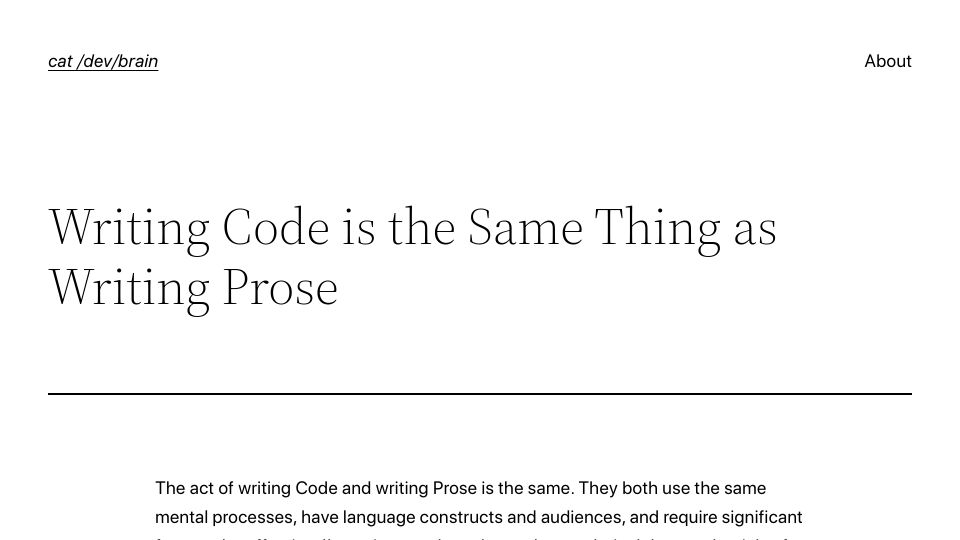 Screenshot of gybe.ca: Writing Code Is the Same Thing as Writing Prose