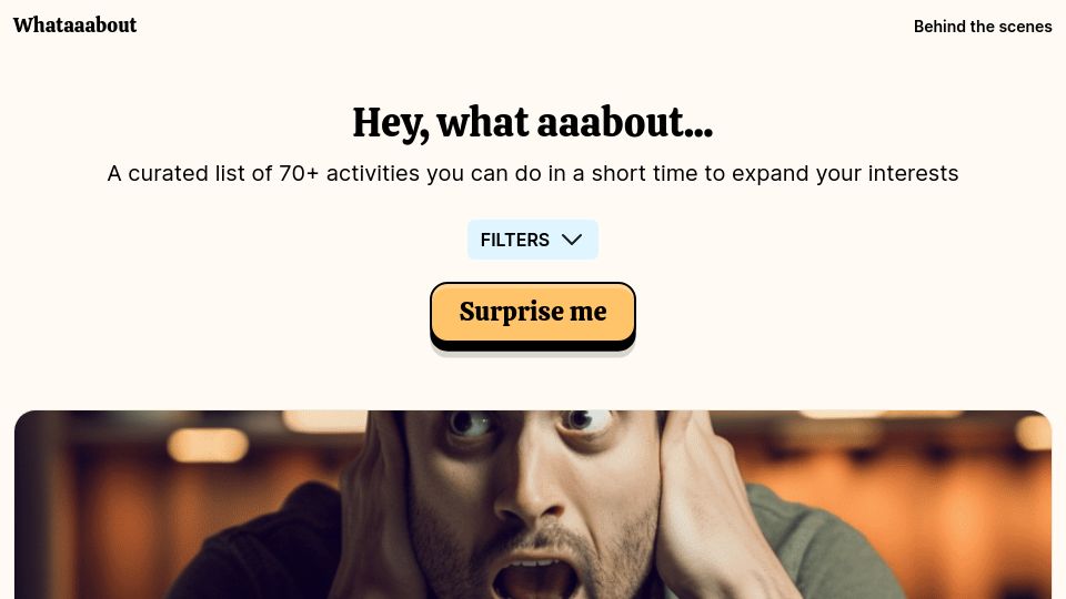 Screenshot of whataaabout.com: Show HN: Whataaabout.com – unique activity ideas for the holiday break