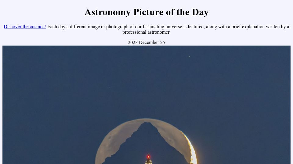 Screenshot of apod.nasa.gov: Cathedral, Mountain, Moon