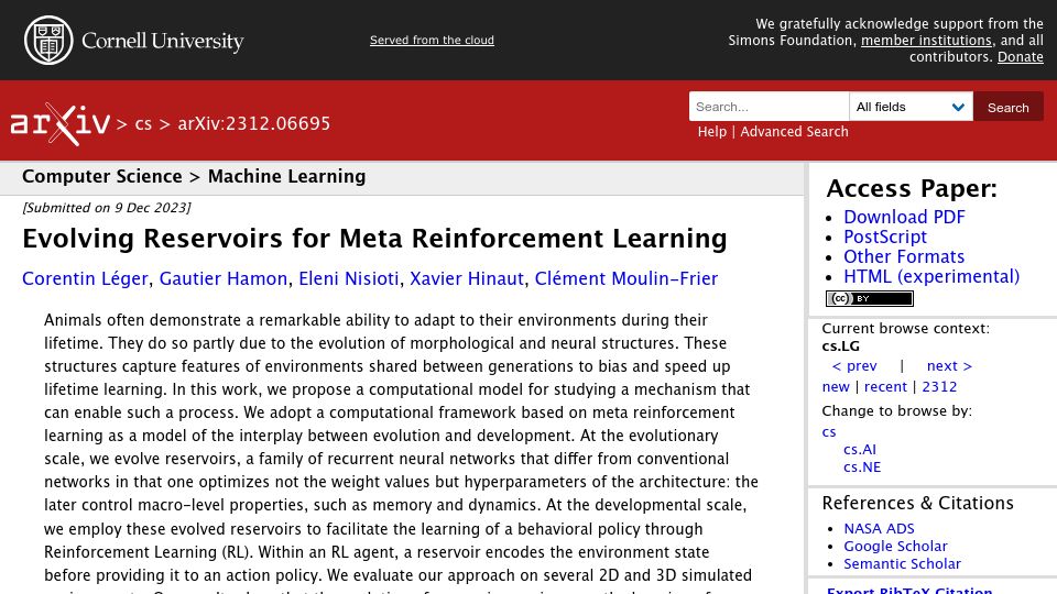 Screenshot of arxiv.org: Evolving Reservoirs for Meta Reinforcement Learning