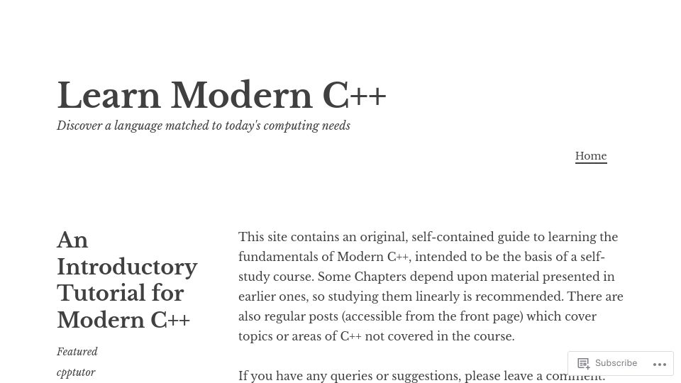 Screenshot of learnmoderncpp.com: Learn Modern C++