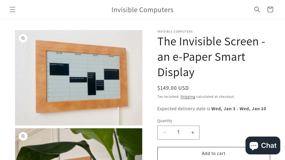 Screenshot of shop.invisible-computers.com: The Invisible Screen – An E-Paper Smart Display