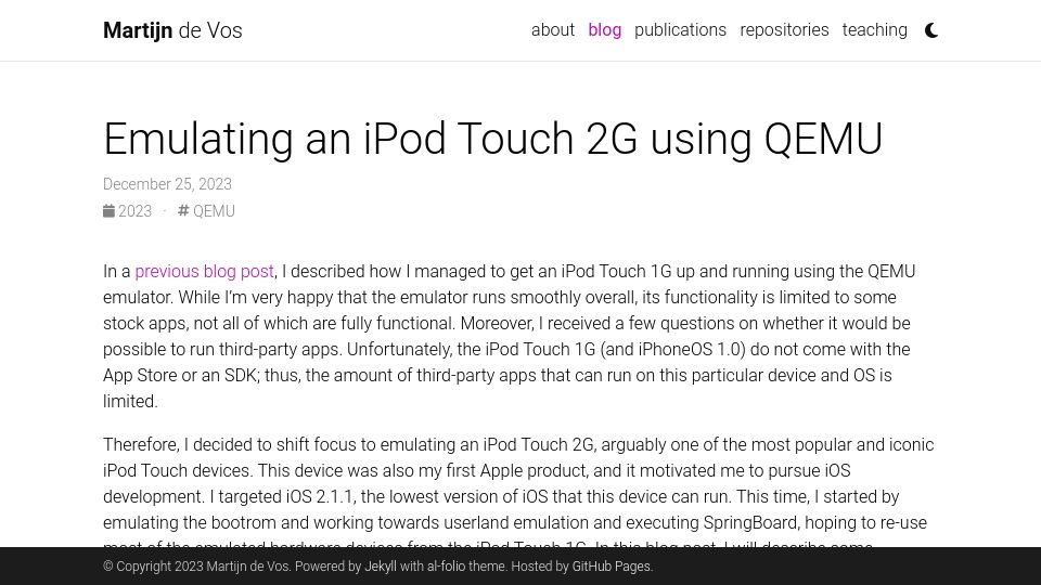 Screenshot of devos50.github.io: Emulating an iPod Touch 2G using QEMU
