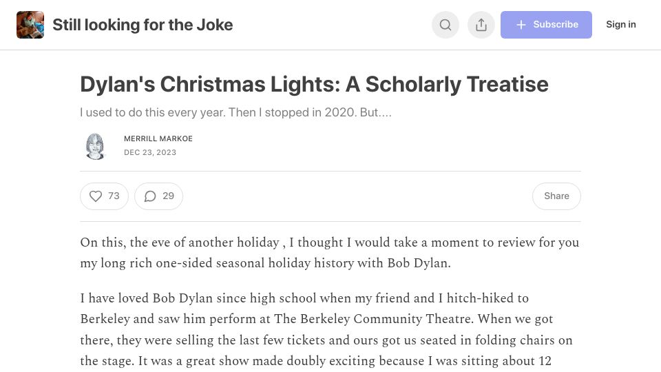 Screenshot of merrillmarkoe.substack.com: Bob Dylan's Christmas Lights: A Scholarly Treatise