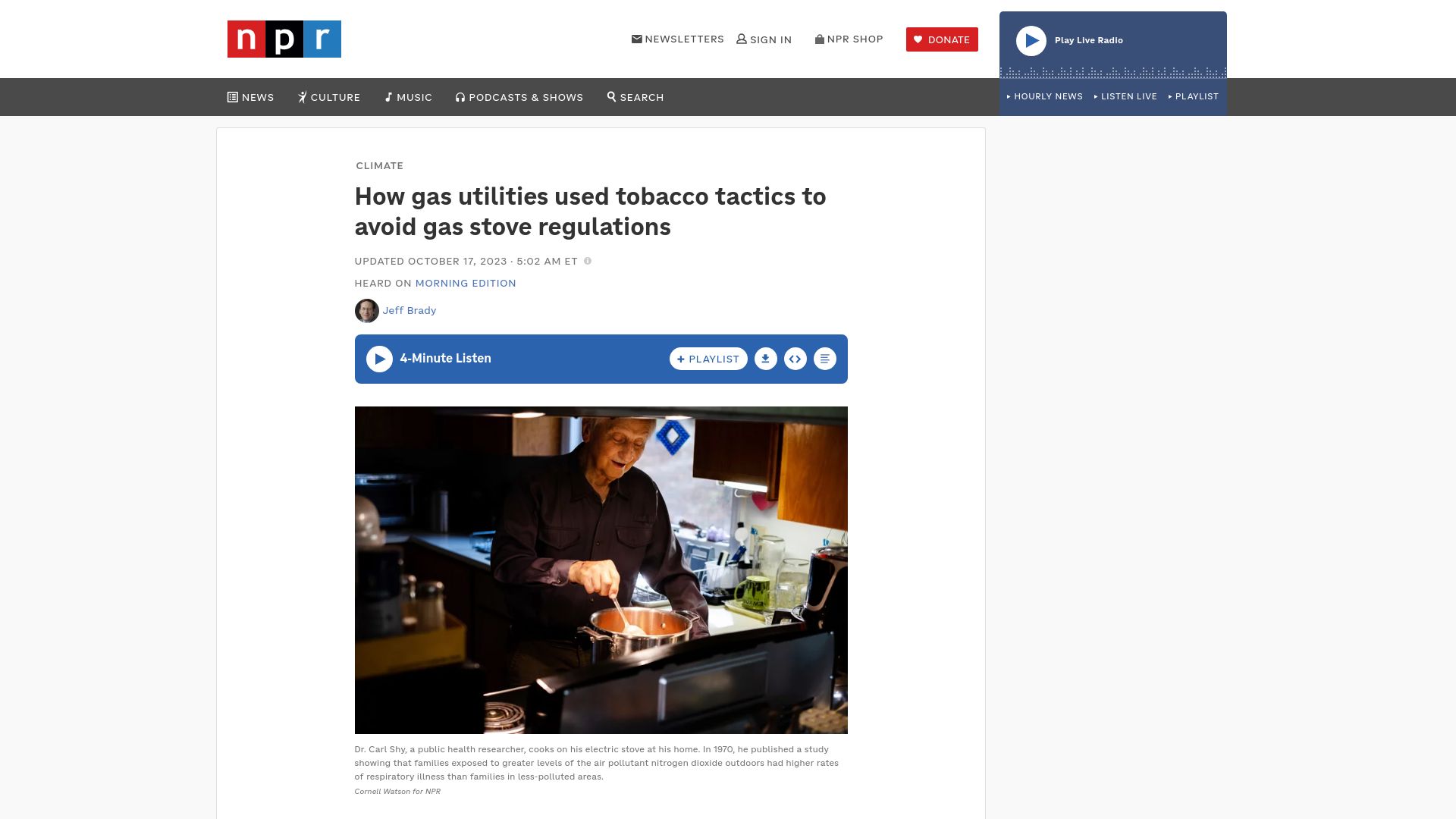 Screenshot of npr.org: Gas utilities used tobacco tactics to avoid gas stove regulations