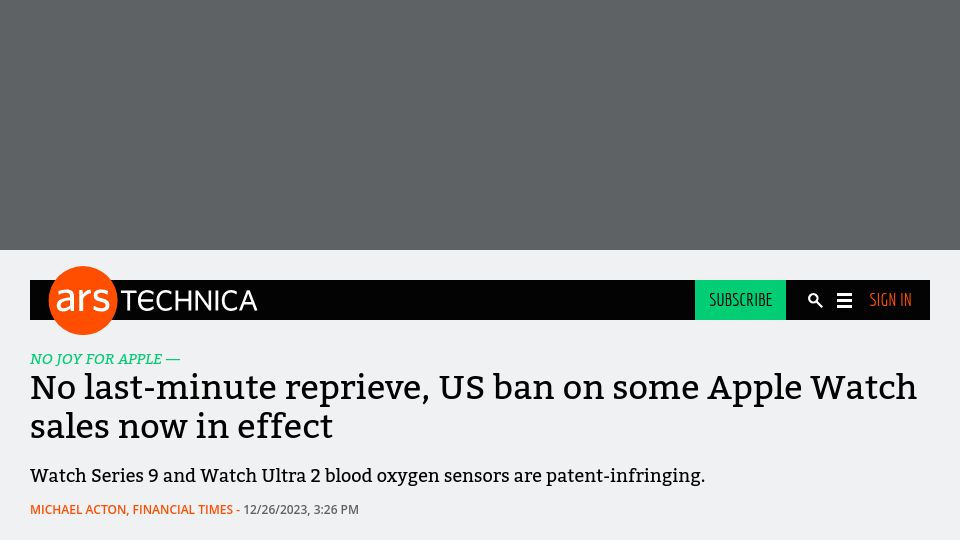 Screenshot of arstechnica.com: US ban on some Apple Watch sales now in effect