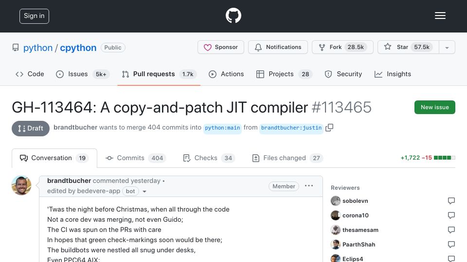 Screenshot of github.com: A copy-and-patch JIT compiler for CPython