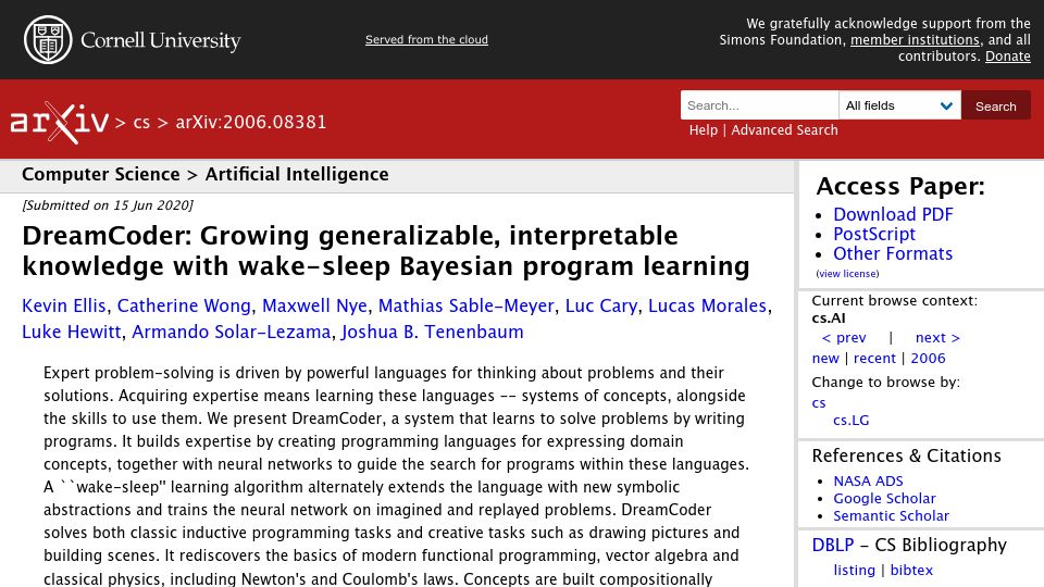 Screenshot of arxiv.org: DreamCoder: Growing Generalizable, Interpretable Knowledge