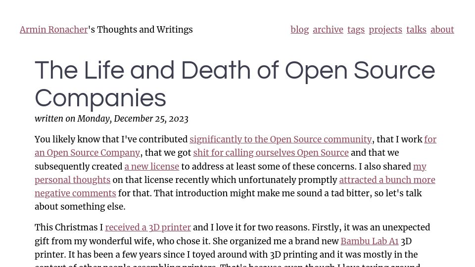 Screenshot of lucumr.pocoo.org: The life and death of open source companies