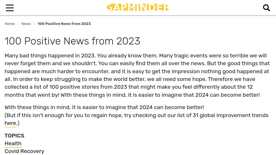 Screenshot of gapminder.org: Positive news from 2023