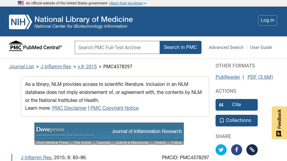 Screenshot of ncbi.nlm.nih.gov: The effects of grounding (earthing) on inflammation