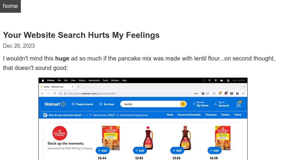 Screenshot of openmymind.net: Website search hurts my feelings